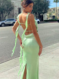 Yipinpay MO Elegant Summer Ruffles Ribbon Slip Backless Maxi Sexy Dress For Women Chic Ruched Slim Evening Dress Party Robe