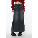 yipinpay Vintage Blue Women Denim Skirt Streetwear American Style Casual High Waist Ladies Slit Jean Medium and Long A-line Skirt