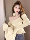 Yipinpay Hot Girl Flare Sleeved Sweater Women's Autumn and Winter Off Shoulder Slash Neck Knitted Pullover Fashion Female Clothes