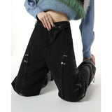 yipinpay Black High Waist Women Jeans Gradient American Fashion Streetwear Wide Leg Trouser Female Baggy Irregular Denim Pants