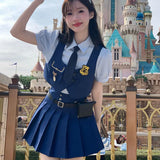 Yipinpay Academy Style JK Uniform Skirts Set Bubble Sleeve Shirt+Vest Cardigan+Pleated Skirt Spicy Girl Three Piece Set for Women