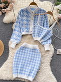 Yipinpay Fashion Plaid Knitted Three Pieces Suits Autumn Button Cardigan Top+Mini Camis+Elastic Short Skirt Women Sweater Sets