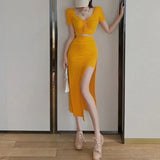 Yipinpay Women's Sexy Orange Drawstring T-shirt V Short Sleeve Top Summer 2023 New Cotton Slit Asymmetric Skirt Sets Wild