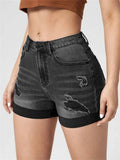 Yipinpay New Women Summer Ripped Roll Denim Shorts Fashion High Stretch Skinny Sexy Shorts Jeans Black/Blue S-2XL