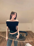 Yipinpay Hot Girl Sexy Black Off Shoulder Short-sleeved T-shirt Women's Summer Tight Waist Short Slash Neck Top Female Clothes