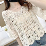 Yipinpay Fashion New Round Neck Five-point Sleeve Pullover Handmade Sweater Korean Version Knitted Hollow Solid Color Top Female