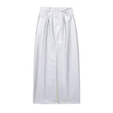 Yipinpay Silver Mini Skirts For Women Faux Leather High Waist Short Skirt Woman Fashion Pockets Streetwear Y2k Women's Summer Skirts