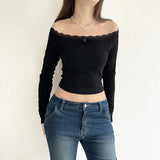 Yipinpay Women Crop Off-Shoulder Tops Lace Patchwork Long Sleeve T-Shirt Casual Pullovers Club Streetwear Aesthetic Clothes