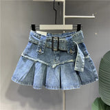 Yipinpay Light Blue Sweet Spicy Girl Pleated Denim Skirt Summer New Korean Fashion High Waist Slimming A-line Short Skirt for Women
