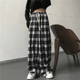 Yipinpay Women Sweatpants Fashion Black Plaid Casual Pants Baggy Elastic Waist Pockets Student Unisex Hip Hop Loose Trousers