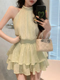 Yipinpay Two Piece Set Women Sleeveless Blouse Embroidery Lace Tank Tops Sexy Sweet Camis Ruffles Mini Skirts Female Elegant Suits
