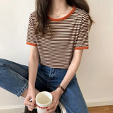 Yipinpay Japan O Neck Short Sleeve Striped Tshirts Women Summer Contrast Tops Clothing Fashion Wild Tees Cotton Y2k Shirt