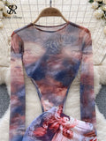 Yipinpay Fashion Hotsweet Two Pieces Suits O Neck Long Sleeved Transparent BodySuit Top+ Skinny Mini Skirt Tie Dye Print Sets