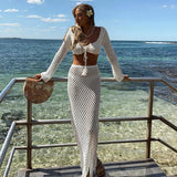 Yipinpay Women Summer 2PCS Outfit Bikini Cover-ups Sets Long Sleeve Tie Up Crop Tops+White Long Knit Hollow Tassels Skirt Suit