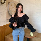 Yipinpay Off Shoulder Blouse Women Slash Neck Ruffles Crop Tops Drawstring Criss Cross V Neck Butterfly Sleeve Chic Ladies Shirts