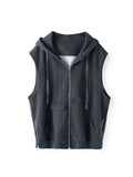 Yipinpay New Korean Fashion Women's Vest Casual Loose Hooded Zipper Top Autumn Winter Dark Gray Versatile Coat Women Clothing Trend