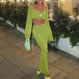 Yipinpay Sexy Women 2 Pieces Skirts Outfits Solid Color Long Sleeve Cardigan Crop Tops + Side Cutout Tie-Up Long Skirt Set S M L