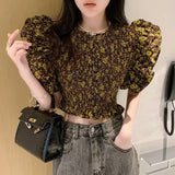 Yipinpay Mujer De Moda Sexy Floral Blouse Print Crop Top O Neck Ruffles Summer Shirts for Women 2023 Slim Shirt Femme Chic
