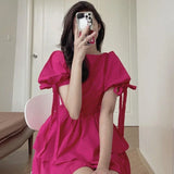 Yipinpay Dresses Woemn Lace Up Ruffles Patchwork Puff Short Sleeve Solid Korean Fashion Spring Summer Ladies Dress Casual