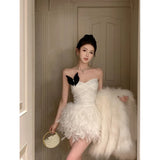 Yipinpay Girl Sexy Hot Diamond Slim Fit Lace-up Dress Women's Autumn/Winter Spliced Feather Strapless Bottom Dress Female Clothes