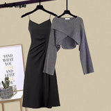 Yipinpay Autumn/Winter New Dress Matching Set Women's Chic Irregular Knit Sweater Sling Skirt Two Piece Korean Elegant Pullover Suit