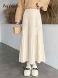 Yipinpay Women Long Maxi Knitted Skirt Autumn Winter Casual Pleated High Waist A-line Skirts 90cm 2023 Korean Fashion Faldas