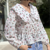 Yipinpay Spring Floral Peter Pan Doll Collar Shirts Women 2024 Summer Long Sleeve Lace Up Blouse Female Elegant Street Lady Chic Tops