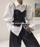 Yipinpay Loose Bubble Sleeved Shirt Y2k White Shirts Women Chain PU Leather Vest Top Blusas Mujer De Moda 2023 Casual 2 Sets