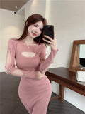 Yipinpay Girl O-Neck Long-sleeved Dress Women's Autumn/Winter Hollow Out Slim Fit Sexy Wrapped Hip Knitted Dress Female Clothes