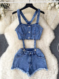 Yipinpay Fashion Sexy Denim Suits Button Backless Mini Tank Tops+Straps Super Shorts Women Hotsweet Streetwear Two Pieces Sets