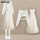 Yipinpay Women's fashion cut-out sweater+suspender Skirt two-piece set Korean Elegant New in Matching Set 2024 Spring Summer Dress Suit