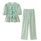 Yipinpay Flower Printing Long Pant Set Women Elegant O Neck Lace Up Short Sleeve Shirts Wide Leg Trousers Chic Lady 2 Pieces Sets