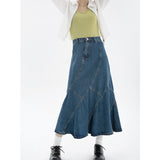 yipinpay Summer Vintage Blue Women Denim Trumpet Skirt Streetwear Style Casual Irregular High Waist Ladies Long Mermaid Jean Skirt