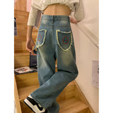 yipinpay Baggy Blue Women's Jeans Straight Loose High Waist Trousers Flower Printing Streetwear Fashion Mom Denim Wide Leg Pants