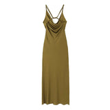 Yipinpay New Women Olive Green Satin Slip Dress Crossed Double Thin Strap Back Flowy Neckline Female Party Sexy Dresses