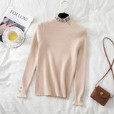 Yipinpay High Neck Knit Sweater Women's Autumn/Winter 2024 New Button Spliced Lace Fungal Edge Top Long Sleeve Slim Bottoming Shirt