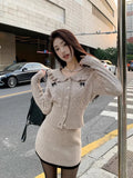 Yipinpay Girl Suit Women's Peter Pan Collar Long-sleeved Knitted Top Wrapped Hip Mini Skirt Two-piece Set Fashion Female Clothes