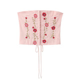 Yipinpay High Quality Women Floral Embroidery Beading Pink Strapless Top Lacing Up Bandage Back Female Summer Sexy Crop Top
