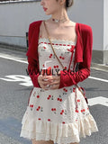 Yipinpay New Red Casual Crop Tops Cardigan Sweet Lace Y2k Mini Dress Party Sexy Strap Dress Korean Fashion Suit Woman Autumn Chic