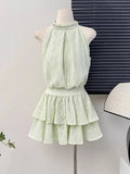Yipinpay Two Piece Set Women Sleeveless Blouse Embroidery Lace Tank Tops Sexy Sweet Camis Ruffles Mini Skirts Female Elegant Suits