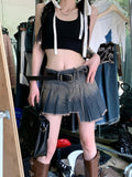 Yipinpay Grunge Y2k Denim Skirt Pleated Women Vintage Acubi Fashion Irregular Low Waist Bandage A-line Sexy Mini Skirt Streetwear
