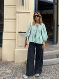 Yipinpay Lace Up Striped Shirts Women 2024 Spring Summer Chic Elegant O-neck Loose Long Sleeve Shirts Female Casual Strret Tops