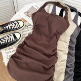 yipinpay Women's Wear Dress Y2K A-line Skirt Sexy Backless Spicy Girl Solid ColorShort Skirt Hanging Neck Sleeveless Wrinkle Dress Summ