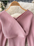 Yipinpay Winter Casual Knitted Two Pieces Suits V Neck Long Sleeve Sweater+ Elastic Casual Long Pants Sets Women Sweater Sets