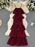 Yipinpay 2024 Women Hotsweet Chiffon Sundress Strap Cake Backless Sheath Bodycon Long Dress Vacation Retro Elastic Beach Dress