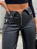 yipinpay Women's Leather Pants Zipper Leather Trousers Striaght Black Pant Solid High Waist Streetwear White Pu Faux Leather Pant