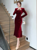 Yipinpay Dress Woman Vintage Square Collar Long Sleeve Slim Velvet Mermaid Dresses French Style Chic Solid Slim Female Fashion