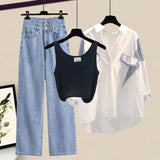 Yipinpay Spring/Summer New Matching Set Women's Casual Stripe Sunscreen Shirt+Vest+Jeans Three Piece Korean Elegant Denim Pants Set