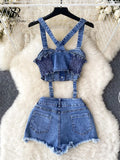 Yipinpay Fashion Sexy Denim Suits Button Backless Mini Tank Tops+Straps Super Shorts Women Hotsweet Streetwear Two Pieces Sets