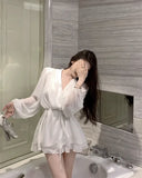 Yipinpay French Style Temperament Dresses Women Bandage V Neck Lantern Long Sleeve White Patchwork Summer New Elegant Dress